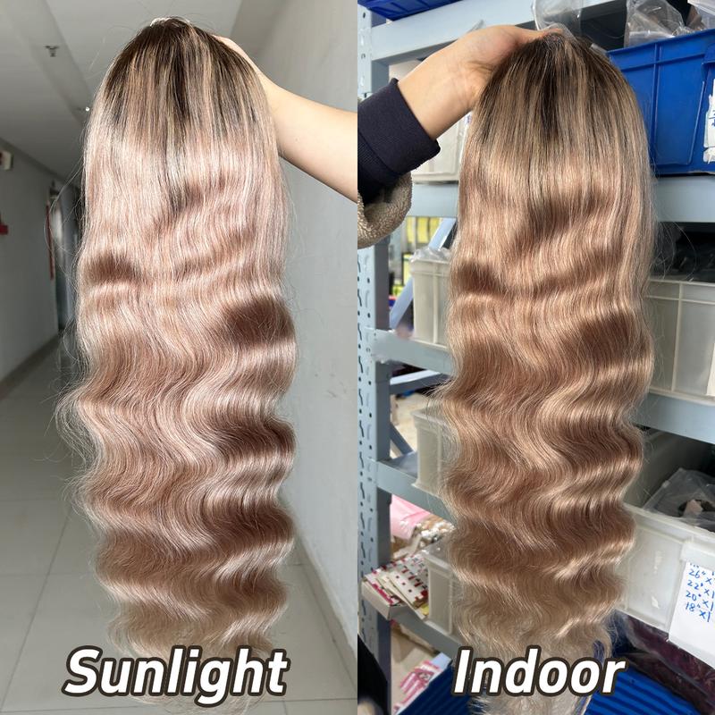 Ombre Brown Roots Ash Blonde Wigs Human Hair 180% Density 13x6 Body Wave HD Thin Lace Front Wig for Women Glueless Ombre Blonde Colored Lace Front Wigs
