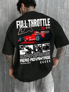 1pc Men's Oversized T-Shirt Full Throttle F1 Racing Graphic Tee American Retro Formula Car Print Short Sleeve Loose Fit Hip Hop Streetwear Top for Men