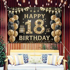 Black and Gold 18th Birthday Banner, Large Happy 18th Birthday Backdrop for Boys Girls, Glittery 18 Birthday Party Decorations, Adult Birthday Photo Booth Background, Premium Fabric Banner for 18th Birthday Party Supplies
