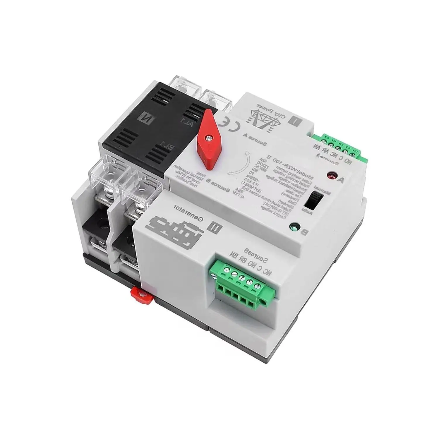 Mini ATS Automatic/Manual Transfer Switch 2P 100A AC110V, 2 Pole 100 Amp Dual Power Switch for Home Generator, DIN Rail Mounted Controller Electrical Type RV Fast Transfer