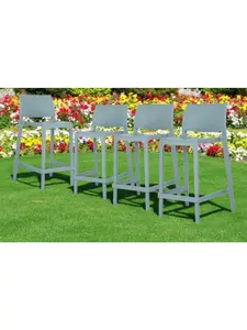 212 MAIN Armless Chairs Barstools Set - 4-Piece 26 in. Baby Blue Heavy Duty Weatherproof Plastic Low Back Indoor Outdoor Furniture, Minimalist Square, with Footrest Stools