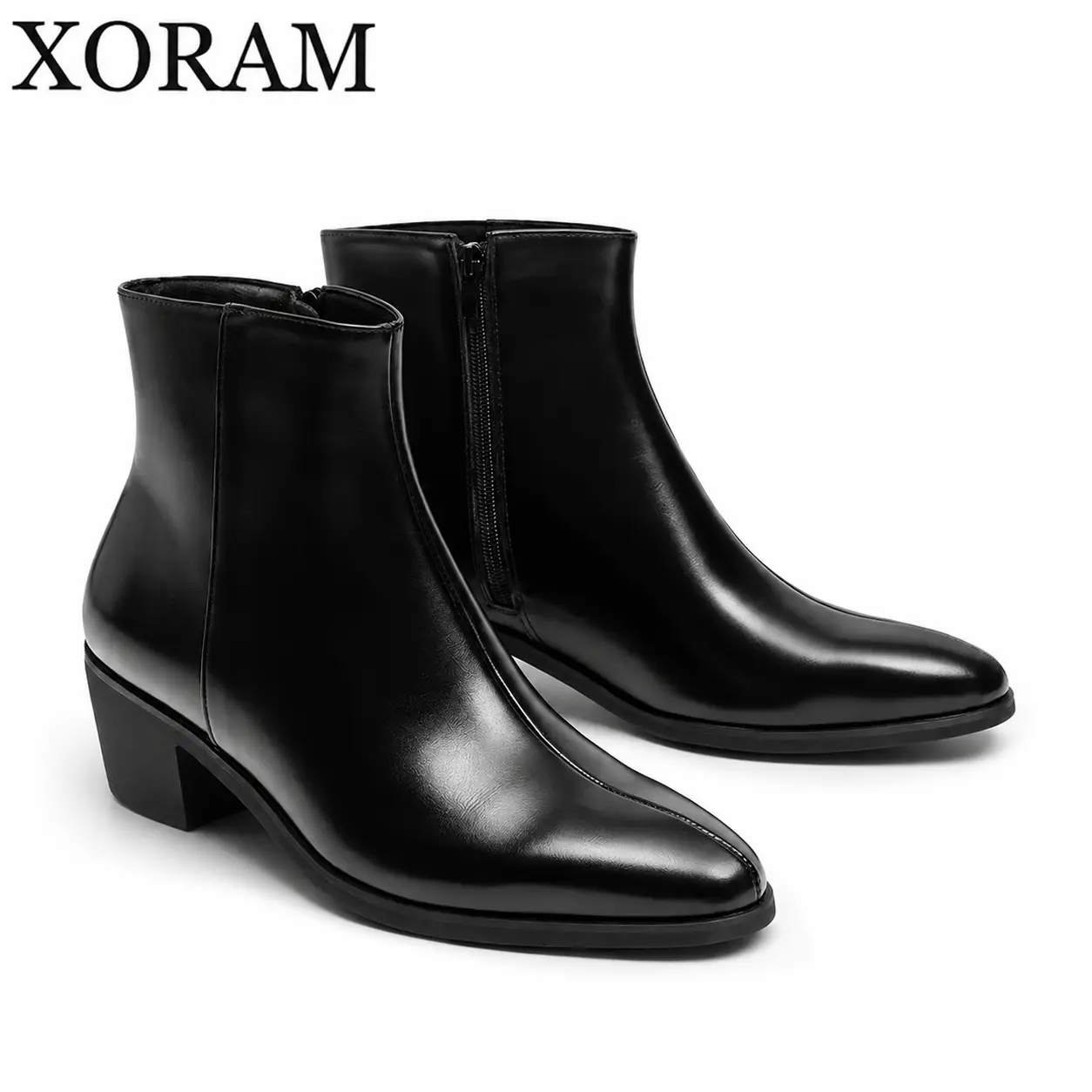 XORAM Men's pointed-toe side-zipper trendy short boots, new short boots in black with low heels, business short boots, suitable for commuting, fashionable and versatile, casual formal leather boots, unisex model 66675-J