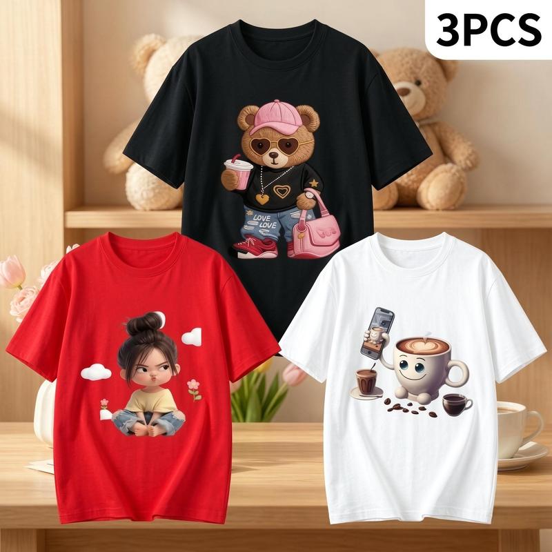 Women's 3pcs Plus Size Comfortable Cotton Tshirts - Cute Coffee Cup, Sassy Girl, Trendy Bear Cartoon Prints, Oversized Loose Fit Short Sleeve Summer Tops, Y2K Aesthetic Style Casual Streetwear