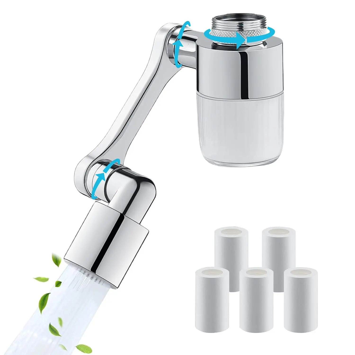 3D Swivel Faucet Aerator Filter Set, 5 Replacement Cartridges for Bathroom/Kitchen Skin Face Eye Wash, 1440°Rotating, 2 Modes Attachment Faucet Filter, Universal Adapter for Kitchen, Bathroom Sinks