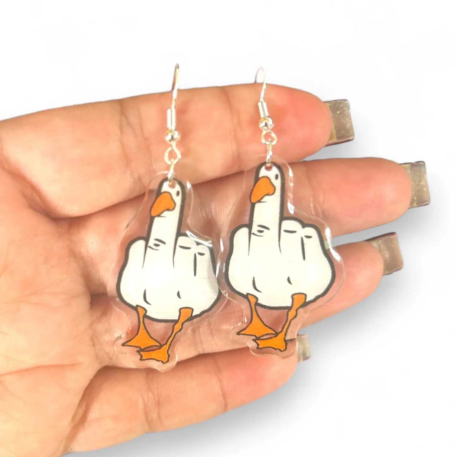 Duck Dangle Earrings - White Duck Design with Orange Beak, Clear and Transparent Finish, Ideal for Everyday Wear