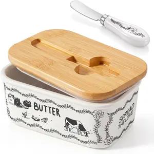 Butter Dish with Lid and  6.3" Large Butter Dish for Countertop "spread the Love" Countryside White and Black Ceramic Container with  Lid and  Seal for  Kitchen