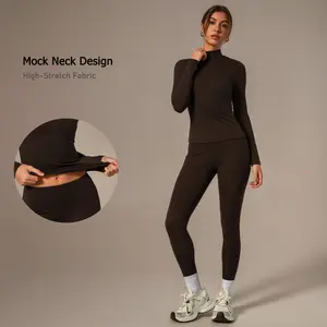 TimeOFF Women's 2 Piece Yoga Workout Set - Mock Neck Long Sleeve Top & High Stretch Leggings Outfit, Soft Breathable Fabric with Thumb Hole Cuffs, Eliminates Restriction During Movement, Flattering Slim Fit, Ideal for Gym, Yoga, Running & Fitness