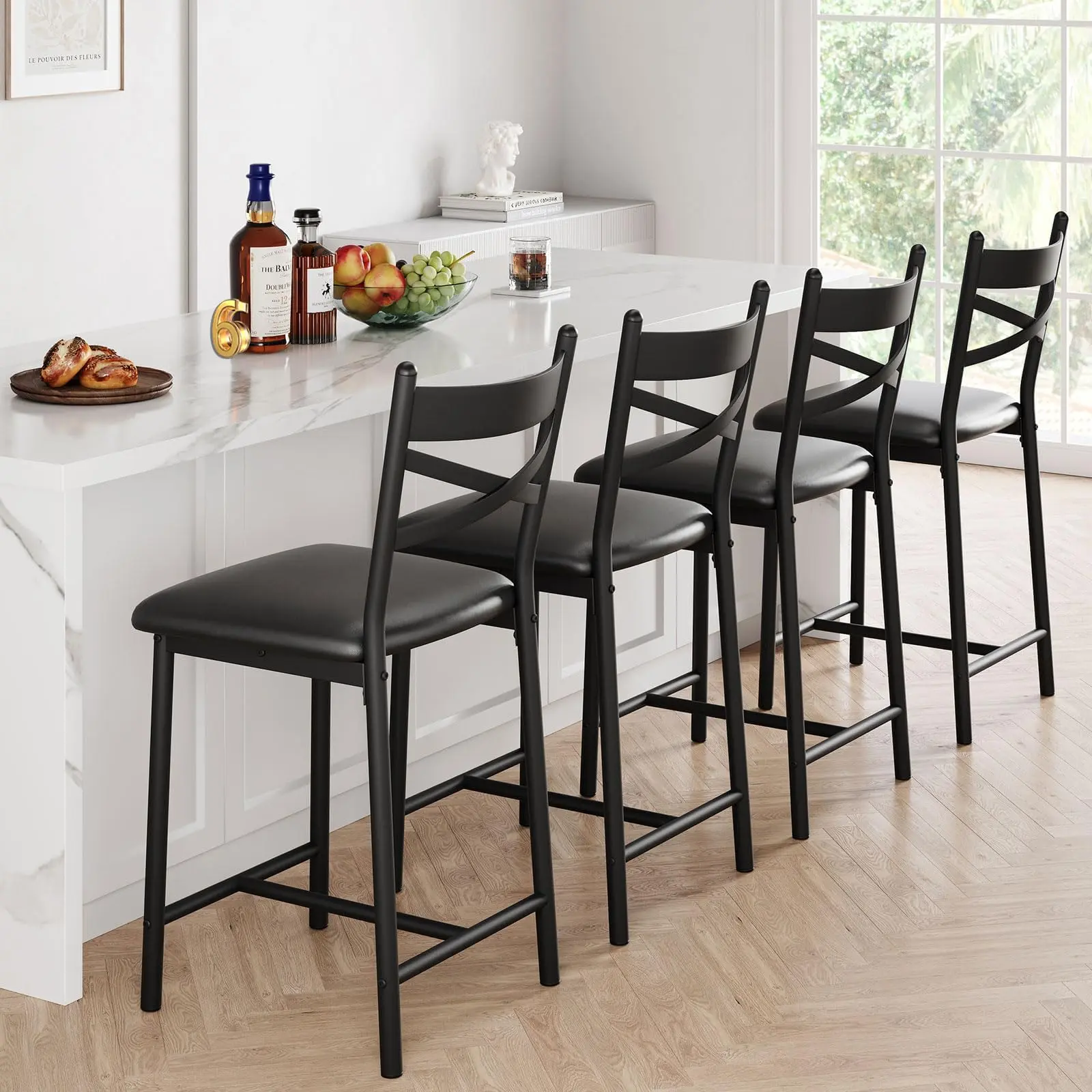 Set of 8 Upholstered Dining Chairs – Thick Cushioned Seats – High Backrest – Counter Height Bar Stools for Kitchen Island, Apartment, or Dining Room