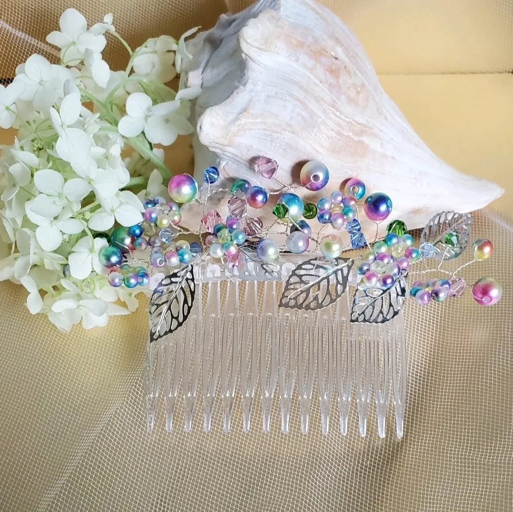 Colorful Bridal Hair Comb- Rainbow Pearl and Crystal Wedding Hairpiece- Elegant Wire-Wrapped leaf Hair Accessory- Rainbow Wedding Headpiece
