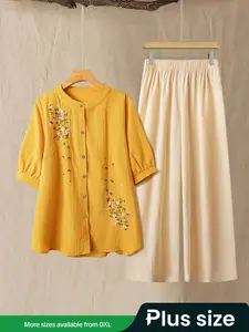 Plus Size Women's Boho Ethnic Style Loose-Fit Embroidered Shirt Pants Set, Casual Long Sleeve Top & Wide Leg Pants