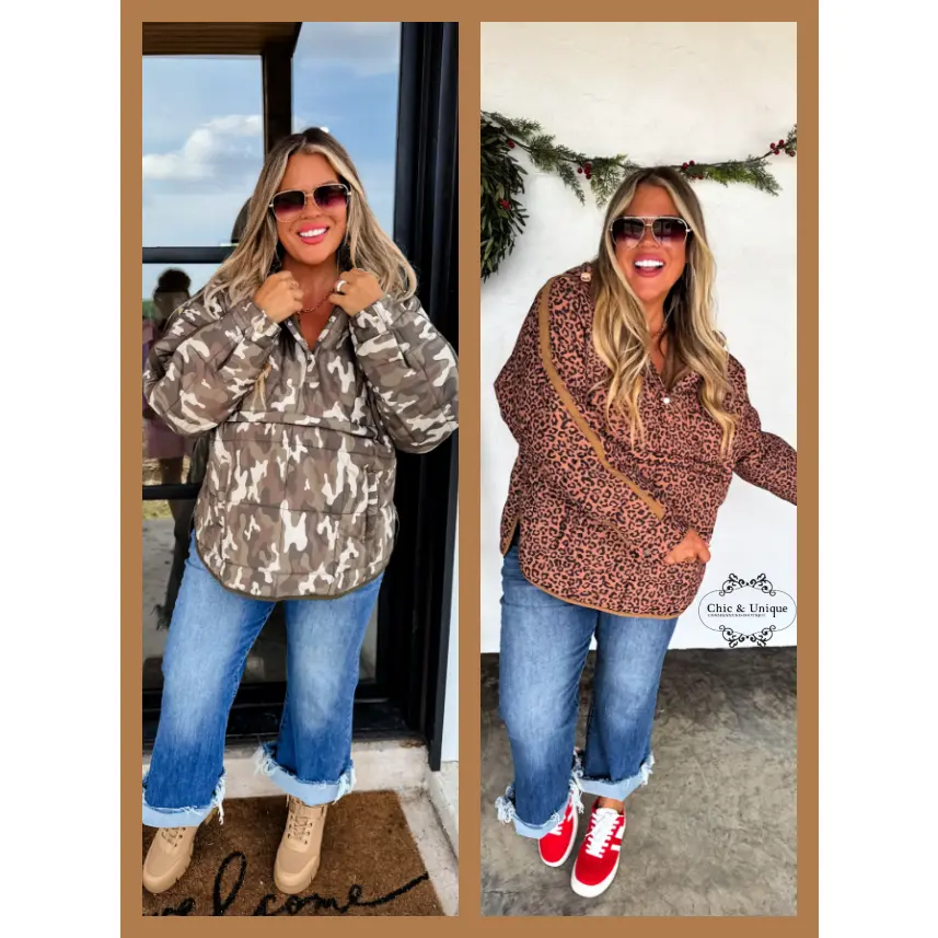 Peyton Puffer Pullover Jacket in Camo and Cheetah Prints Peyton Puffer Pullover Jacket in Camo and Cheetah Prints