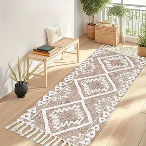 Boho Style 0.4cm Thick Woven Rug, Soft Comfortable Durable, Textured Fringe Edge, Perfect for Living Room, Adds Ethnic Charm, Boho Runner Rug
