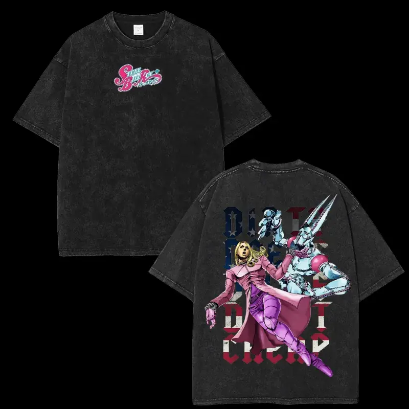 JoJo's Bizarre Adventure Funny Valentine Dirty Deeds Done Dirt Cheap Double‑Print Vintage Washed T‑Shirt, Anime OOTD show SBR Manga Oversized Graphic Tee, Retro Streetwear Pure Cotton Casual Top, Unisex Short Sleeve Apparel for Men Women Anime Fans