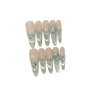Press-On False Nail Set with Acrylic Base, Shimmering Pale Mint-Green K9 Cubic Zirconia Chain Design, Gradient Halo Effect, Reusable Nails