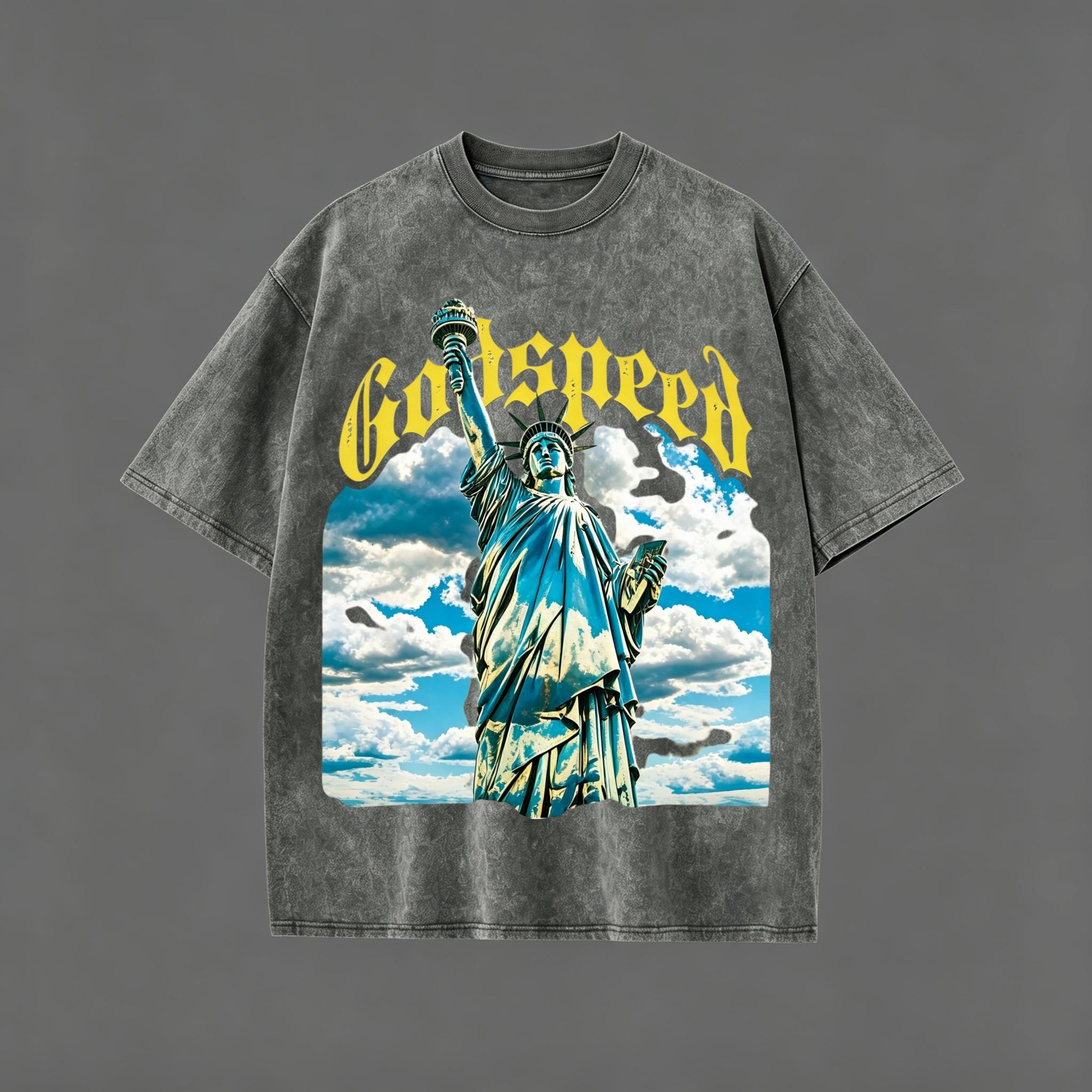 Godspeed Statue of Liberty Graphic Tee Oversized Heavyweight Cotton Streetwear T-Shirt Y2K Grunge Gothic Letter Print Top Casual Drop Shoulder Vintage Black Tee Men Women Unisex Retro Hip Hop Skater Tshirt Aesthetic Summer Outfit Trendy Band Merchandise