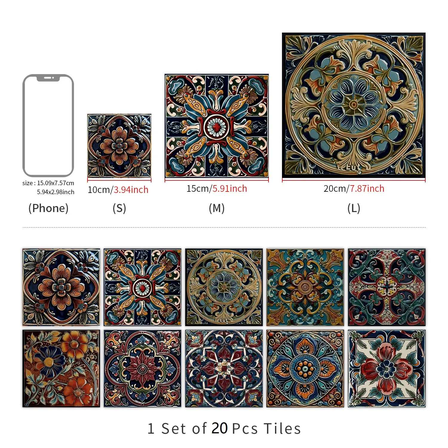 Self-Adhesive Removable Vintage Tile Backsplash, Waterproof and Oil-Resistant for DIY Kitchen & Bathroom, 5.9x11.8 Inch Wall Decor