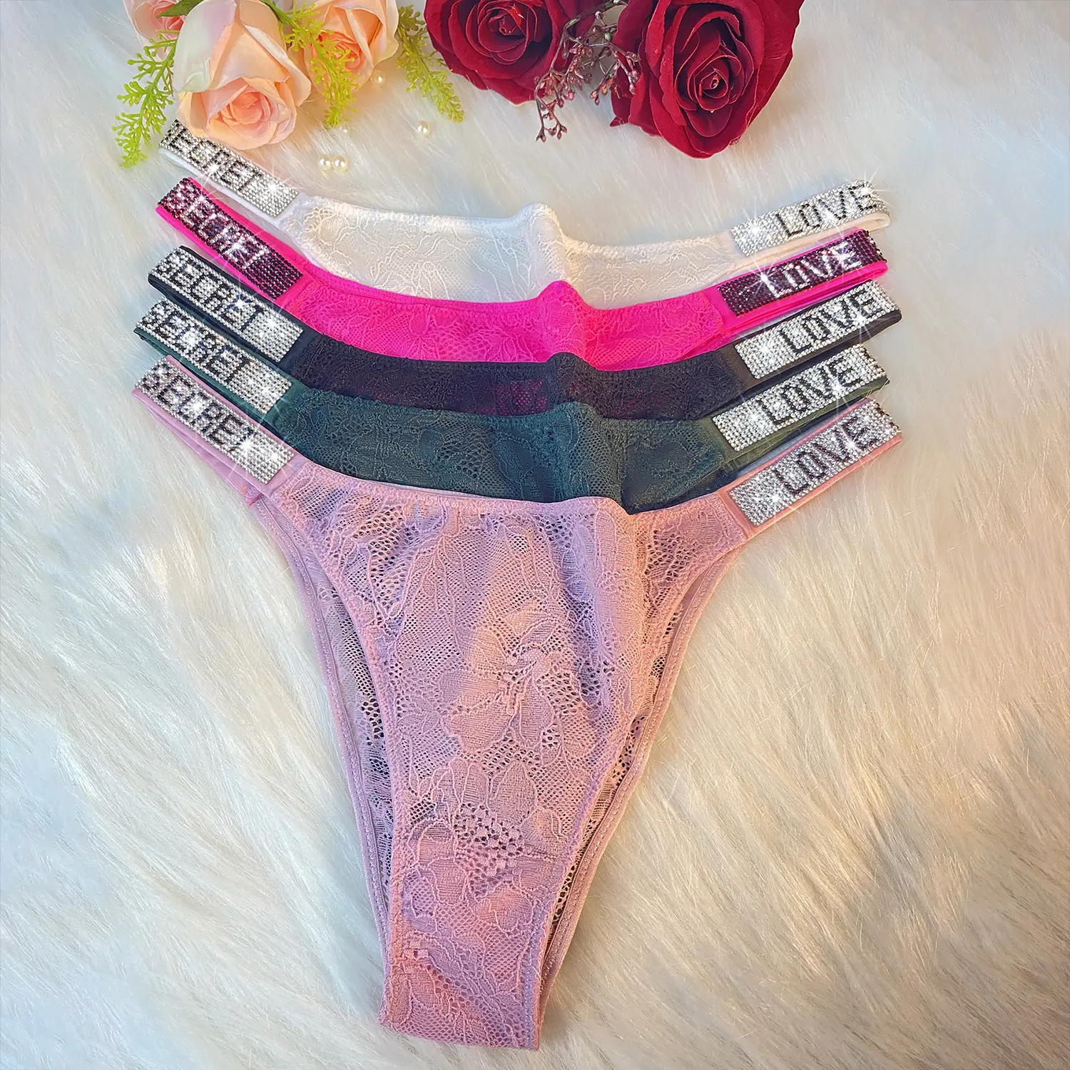 5pcs Women's Rhinestone Thongs Stretchy Sports Panties Pack Sexy Low Waist Womens Lingerie tiktok shop black friday haul Casual Seamless Garments Everyday