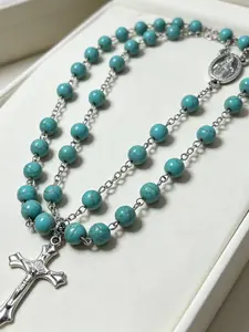 Unisex Turquoise Mother Mary Cross Pendant, Vintage Prayer Style Baptism Jewelry, Versatile Accessory for All Occasions
