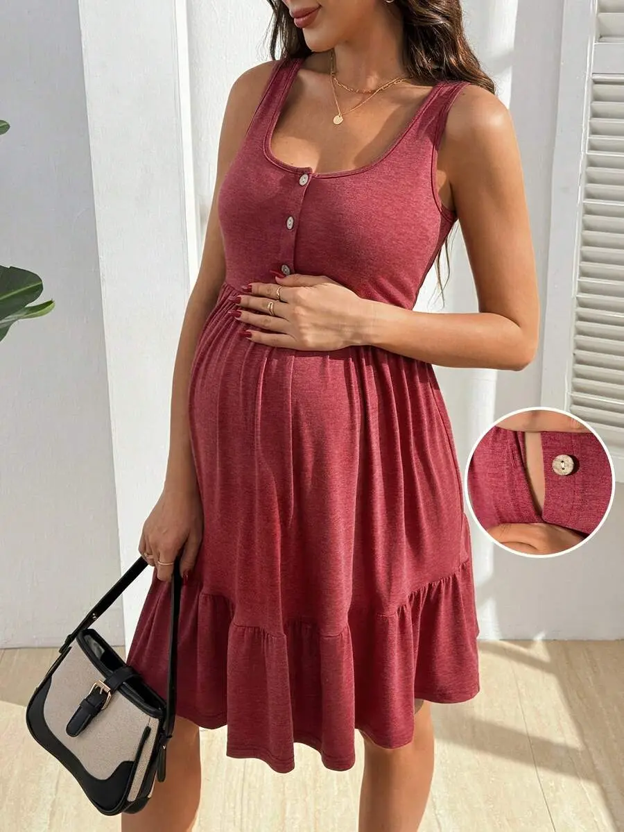 Stride x GentleRue Maternity Solid Color U-Neck Sleeveless Ruffle Trim Casual Comfortable Nursing Dress For Summer