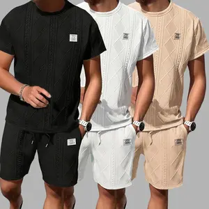 Men's White Jacquard Textured 2-Piece Summer Set, Diamond Pattern Short Sleeve Crew Neck T-Shirt & Matching Shorts, Breathable & Lightweight, Perfect for Beach, Vacation, Daily Wear, Lounging and All-Day Comfort