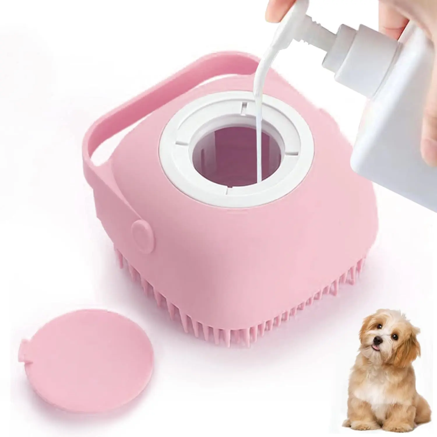 Pet Grooming Bath Massage Brush with Soap & Shampoo Dispenser, Soft Silicone Bristles, Grooming Goods for Long/Short Haired Dogs & Cats, Pet Cleaning Bath Accessory (Pink)