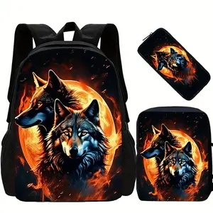 3D Printed Wolf Pencil Case Single Shoulder Bag Double Shoulder Bag Student Commuter Backpack Boys' Large Capacity Three-Piece Set