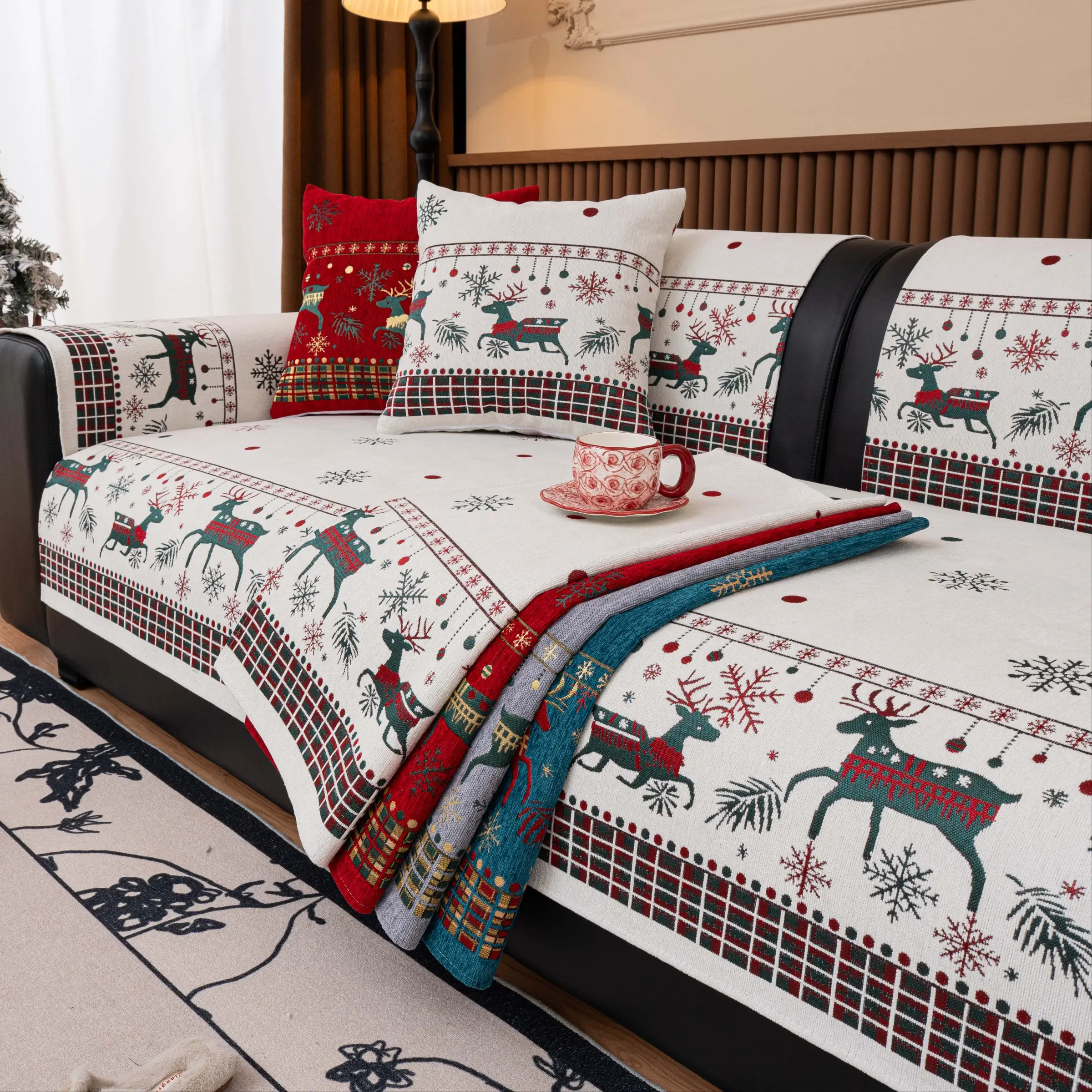 Christmas Sofa Cover 1 PC, Festive Reindeer Couch Protector Pad, Non Slip Washable Sofa Cushion, Thick Furniture Slipcover, Removable Sofa Cover, Decorative Holiday sofa cover, Pet Friendly Winter Sofa Mat for Sectional Loveseat Armchair