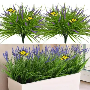 12 Bundles Artificial Outdoor Plants, 2 Pcs Butterfly Stakes, Fake Monkey Grass with Flowers, UV Resistant Faux Plant, Greenery for Outside