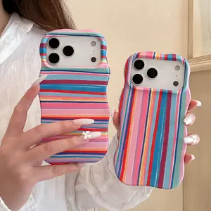 Ins Style Rainbow Striped Wavy Edge 2‑in‑1 Matte Film Phone Case, Minimalist Unique Aesthetic Shockproof Protective Cover for Girls Women, Trendy Anti‑Duplicate Design, Compatible with iPhone 11, 12, 12 Pro, 12 Pro Max, 13 Pro, 14,15,16,17,17 Pro Max