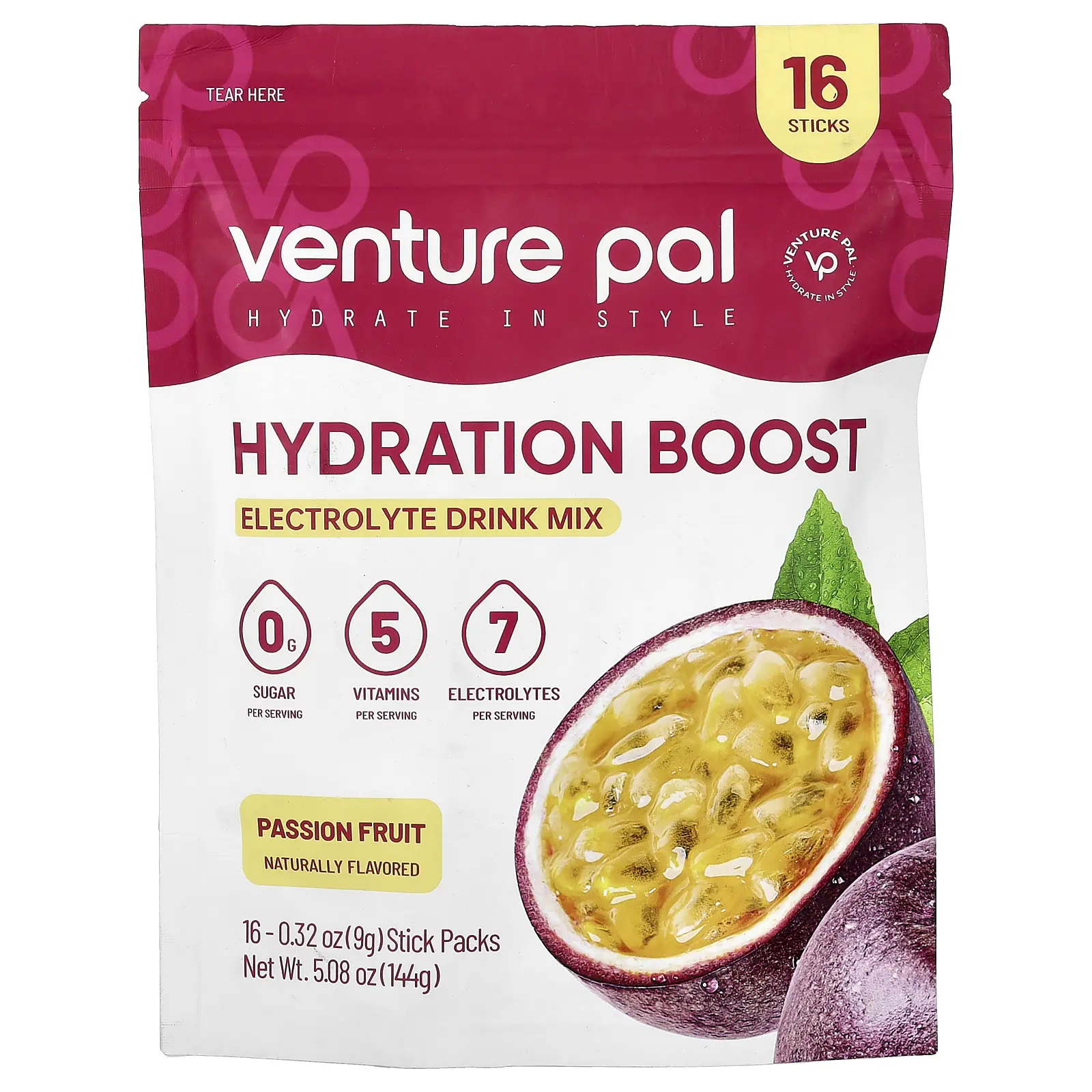 Venture Pal Hydration Boost, Electrolyte Drink Mix, Passion Fruit, 16 Stick Packs, 0.32 oz (9 g) Each