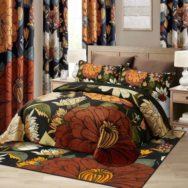 Tyrot Room Makeover Set – 3-Piece Boho Floral Quilt Set with Matching 100% Blackout Curtains – Coordinated Design, One Step to a Beautiful Room