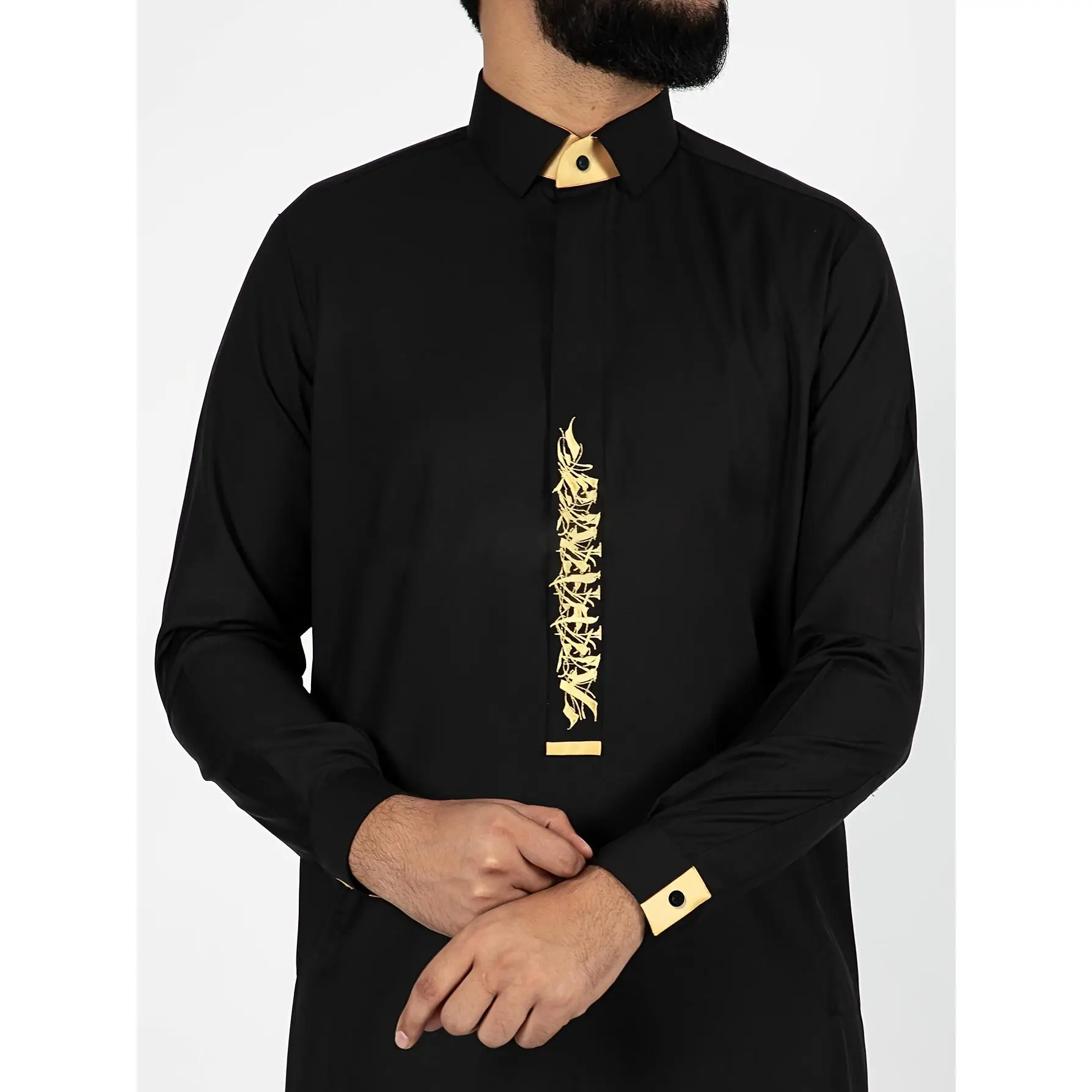 1pc Men'S Black With Golden Floral Embroidery Casual Lapel Long Sleeve Muslim Men'S Middle East Traditional Culture Arab Style Eid Al-Adha Arab Long S