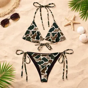 Women Green Brown Cow Camo Print Bikini Set Halter Triangle Top Tie Side Bottom Swimsuit Summer Beach Vacation Pool Party Festival Cute Trendy Swimwear 2 Piece