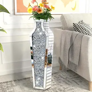 27” High Crushed Diamond Floor Vase, Large Silver Vase for Living Room Decor, Crystal Mirror Home Decor Vase for Dried Flowers