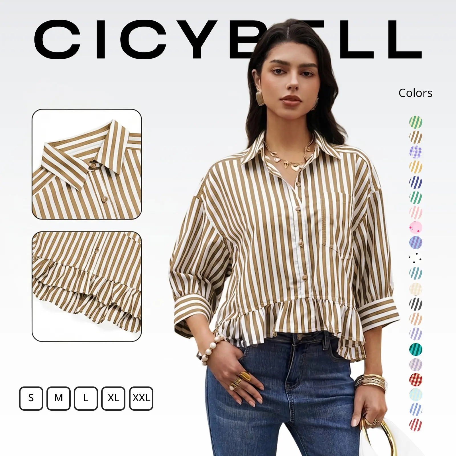 Cicy Bell Women’s Cropped Striped Button Down Shirts Ruffle 3/4 Length Sleeve Summer Tops Dressy Casual Blouses Cute Womenswear Cicy Bell Women’s Cropped Striped Button Down Shirts Ruffle 3/4 Length Sleeve Summer Tops Dressy Casual Blouses Cute Womenswear