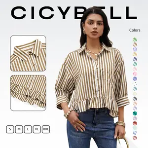 Cicy Bell Women’s Cropped Striped Button Down Shirts Ruffle 3/4 Length Sleeve Summer Tops Dressy Casual Blouses Cute Womenswear
