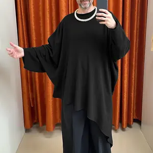 INCERUN Men's Elegant Fashion Viscose Stitch T-Shirt - Baggy Oversized Batwing Stretched Long Sleeves, Irregular Hem Cape Pullover, Dark Style All-Season Top for Office Daily Casual