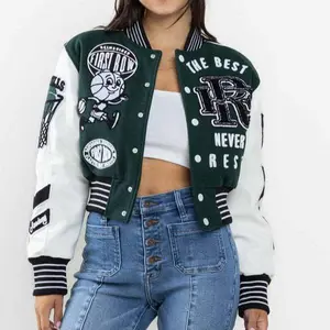 Print Cropped Varsity Jacket Buttons Front JR4863