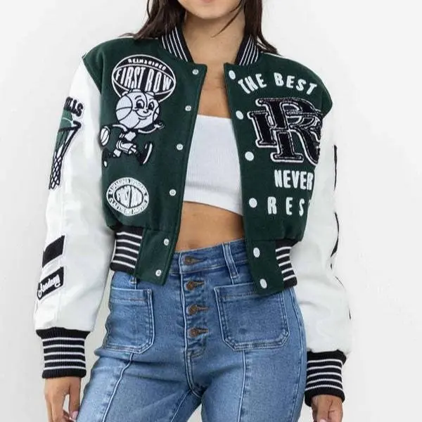 Print Cropped Varsity Jacket Buttons Front JR4863