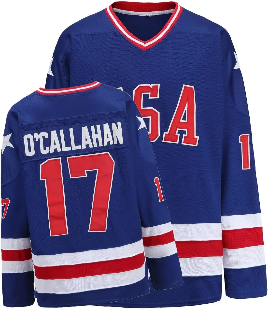 Miracle movie hockey jersey, stitched letters and numbers; blue; breathable polyester mesh; long sleeves Miracle movie hockey jersey, stitched letters and numbers; blue; breathable polyester mesh; long sleeves