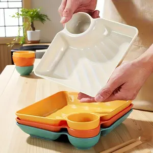 4-Pack Square PP Dumpling Tray with Sauce Compartment, French Fries Sushi Snack Platter Set, Non-Slip Tableware, Home Kitchen Dessert Fruit Tray