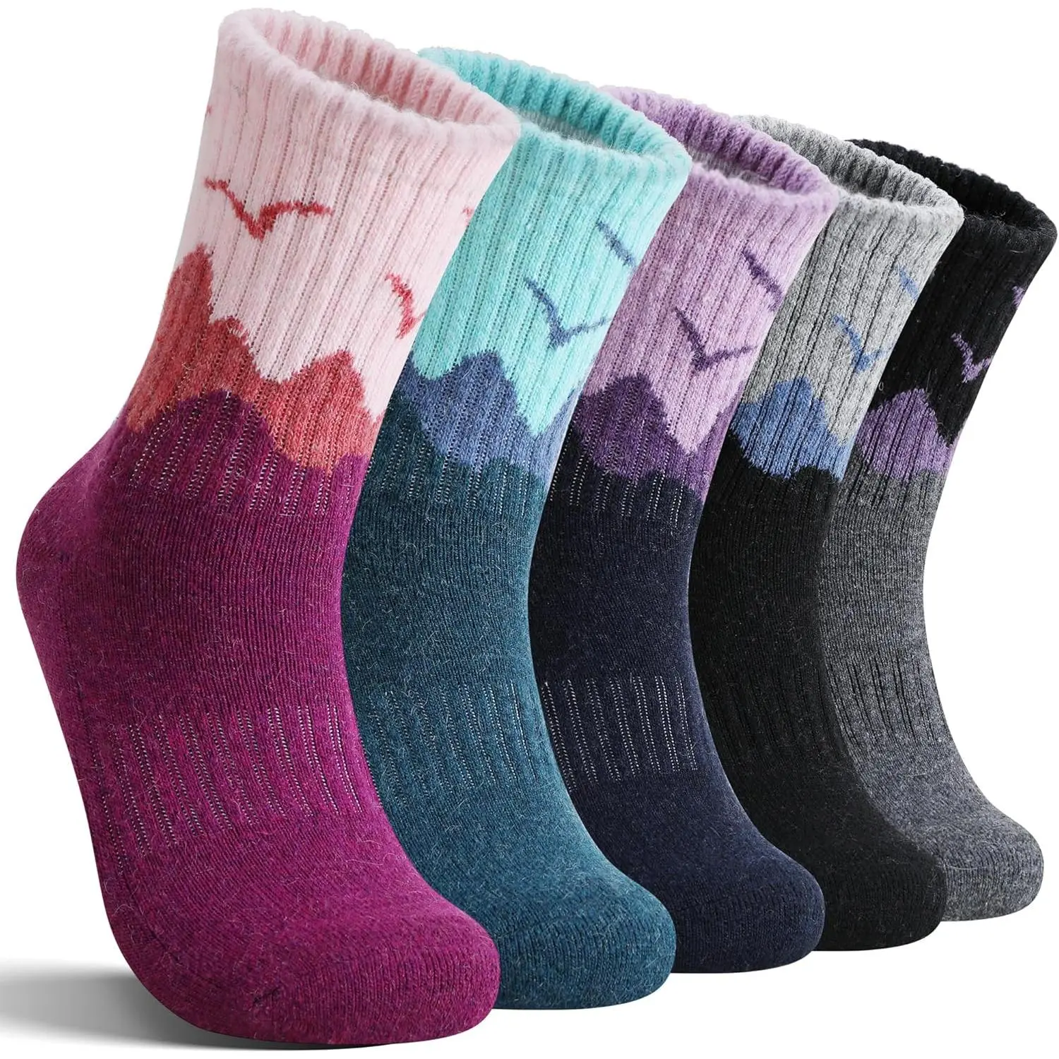 Women's Elegant Cartoon Merino Wool Socks, 5-Pair Thermal Calf-High Pack, Cushioned Winter Boot Socks, Machine Washable New Year Gift