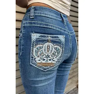 2000s Style Crown Shape Rhinestone Bling Back Pocket Bootcut Jean with Good Stretch