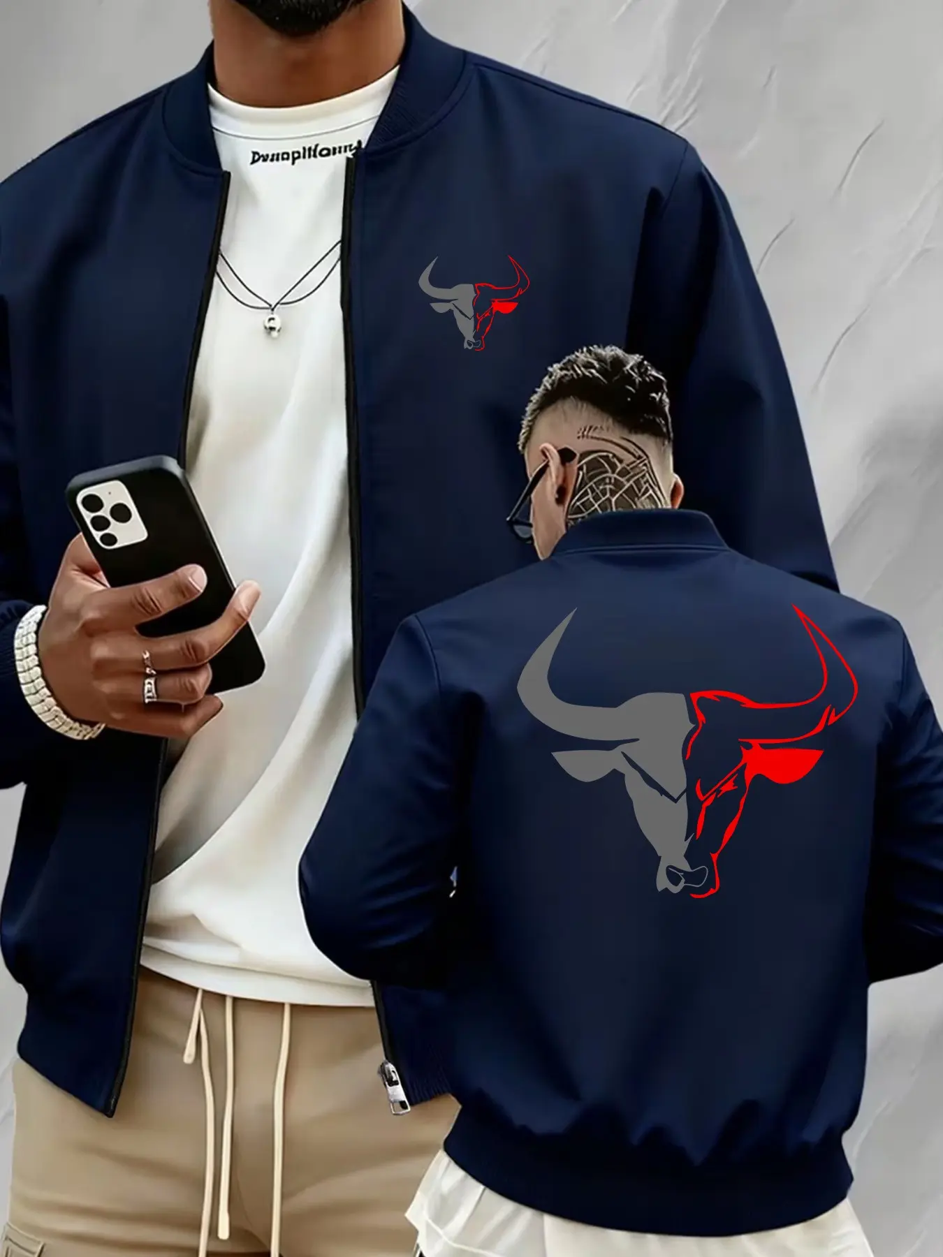 Men's Stylized Bull Head Print Bomber Jacket, Stand Collar Zip-Up Streetwear Outerwear, Casual Sporty Inspired Jacket for Daily & Outdoor Wear, Trendy Outerwear