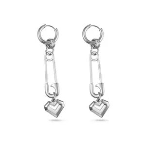 Safety Pin with Heart Dangling Hoop Earrings - Pair - Stainless Steel