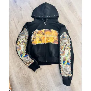 Men and women loose casual simple zipper jacket American retro splicing hot diamond print cartoon design hooded sweatshirt