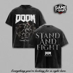 DOOM The Dark Ages Graphic Tee Vintage Washed Oversized Heavyweight T Shirt | Doom Slayer Dark Fantasy Game Streetwear Shirt | Stand And Fight Large Back Print Graphic Tee | Heavy Cotton Unisex | Gamer Outfit Streetwear | Gift For DOOM Fans
