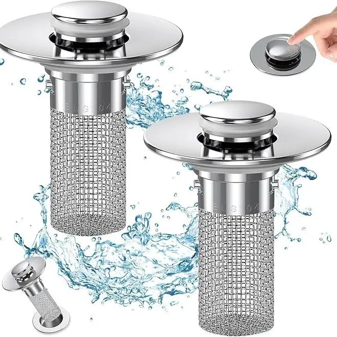 2025 Upgrade 1/2Counts Pop-Up Bathroom Sink Drain Strainer & Hair Catcher - Removable Stainless Steel Filter Basket for Universal Bathroom and Kitchen