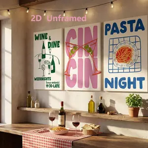 3-Piece Frameless Fashionable Kitchen Wall Art Canvas Set, featuring the aesthetic-style “Fine Wine and Delicious Food” and ‘Cheers’ themes, along with a retro “Pasta Night” poster—vibrant, food-themed wall decor for restaurants
