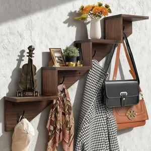 Hookmous Coat Rack Wall Mount with Shelf, Brown Wall Shelf with Hooks, Sturdy Wooden Rise Staircase Shelves, Space-Saving Decorative Organizer for Entryway, Mudroom, Hallway, Living Room, Bedroom